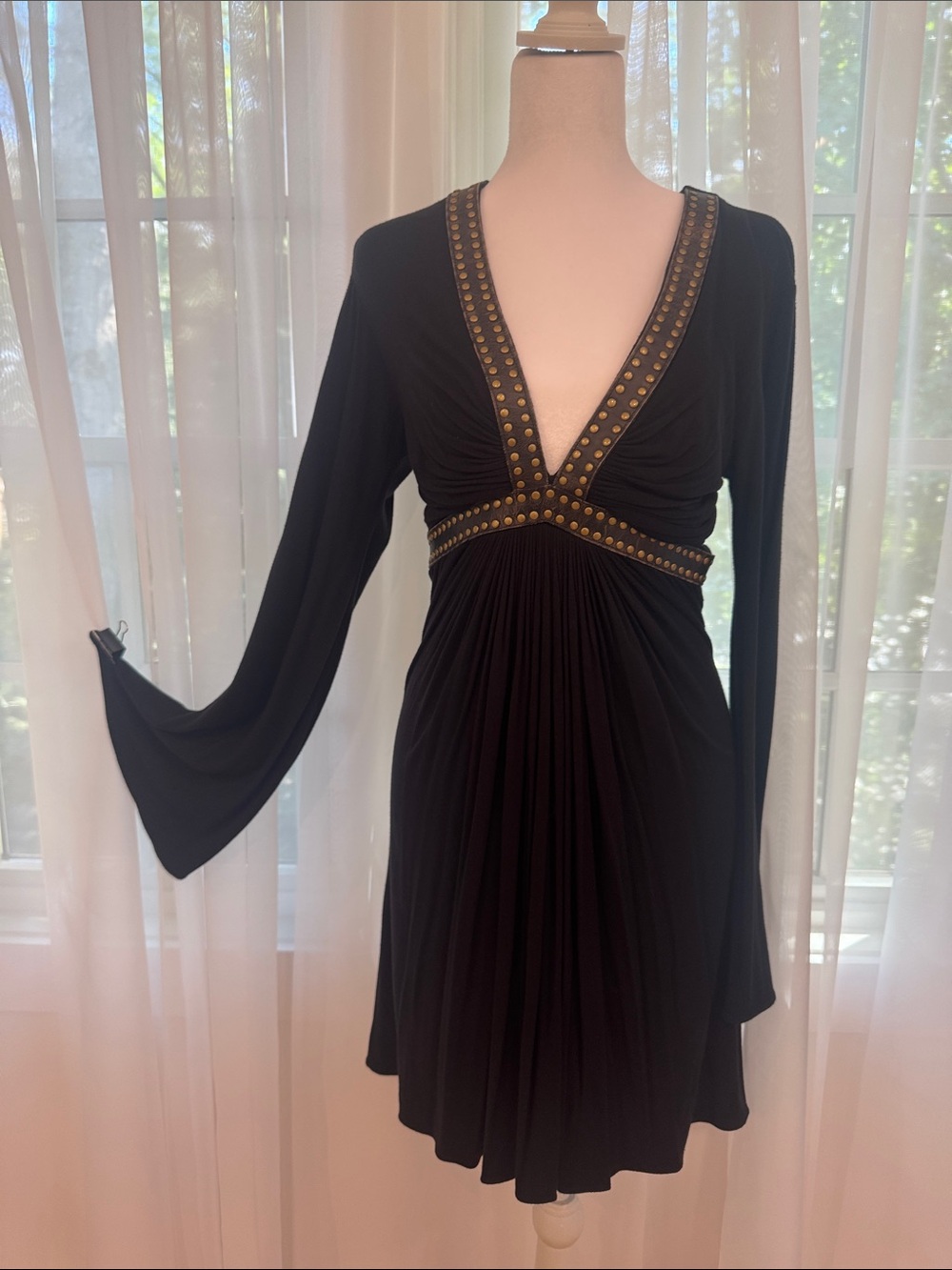 Classy Long-Sleeve Stud-Trim V-Neck Dress